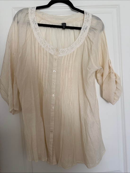 grand & greene Tops - grand & greene Cream Lace-Trim Button-Front Blouse